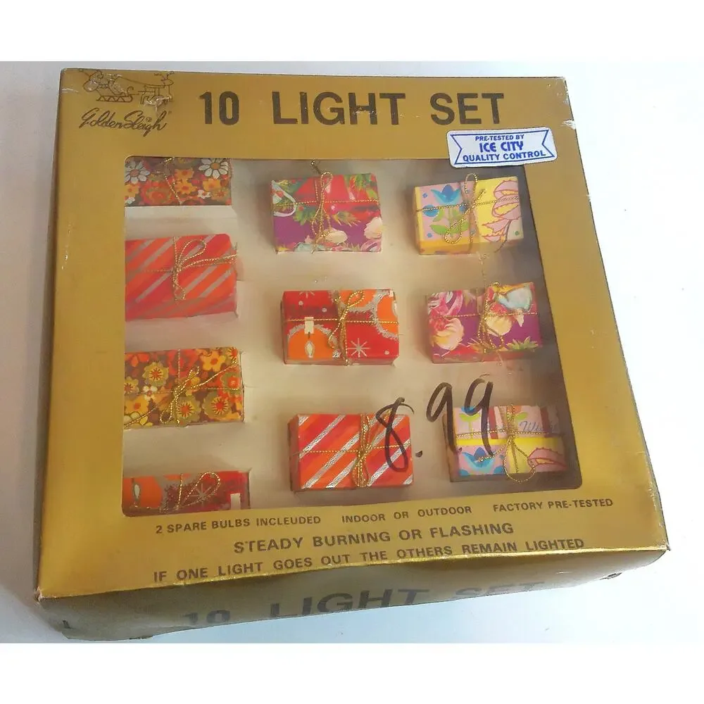 Vintage Golden Sleigh Christmas Presents 10 Light Blow Mold Set READ